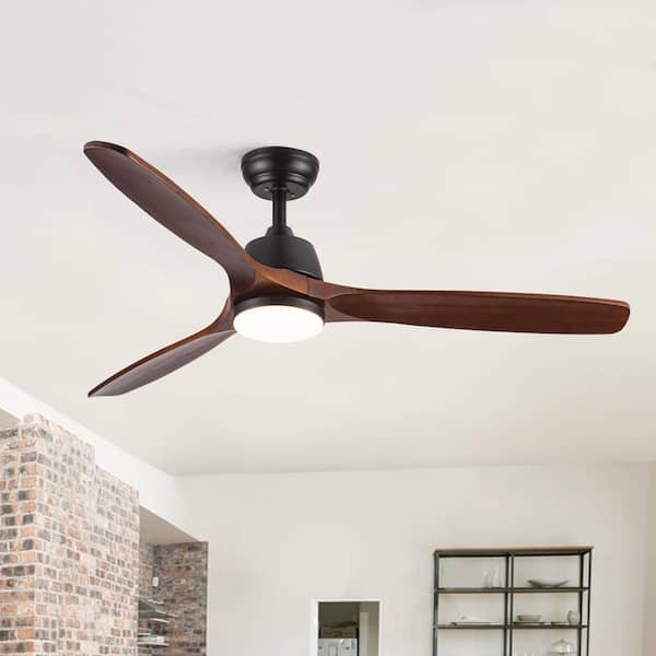 YUHAO Farmhouse 52 in. Integrated LED Indoor Matte Black Ceiling Fan with Remote Control DC Motor and 3 Solid Wood Blades