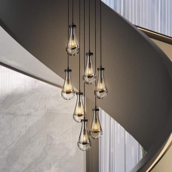 YUYI Farmhouse Chandelier 100 in. H 7-Lights Raindrop Black Chandelier for Staircase Foyer Living Room Bulb Included