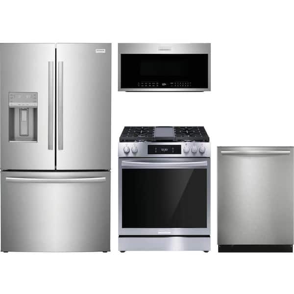 Frigidaire Gallery 27.8 cu. ft. Standard Depth Refrigerator with 5 Burner Slide-In Gas Range and Dishwasher with CleanBoost