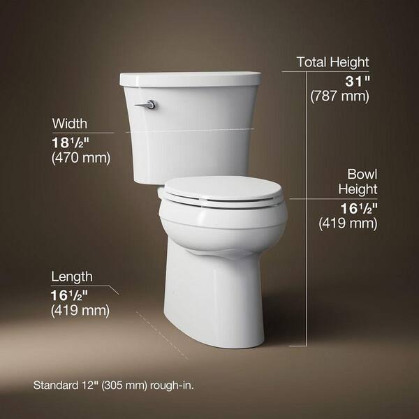 KOHLER Gleam 12 In. Rough In 2-Piece 1.28 GFP Single Flush Elongated Chair Height Toilet In White With Soft Close Seat