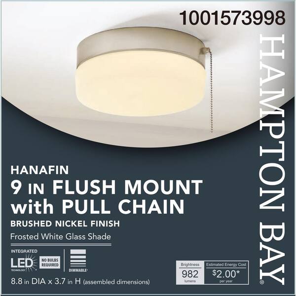 Hampton Bay Hanafin 9 In. Light Brushed Nickel Integrated LED Ceiling Flush Mount W/ Glass Shade And Pull Chain Soft White (3000K)