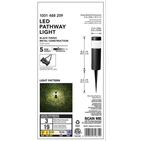 Hampton Bay Helena 19 Lumen Black Integrated LED Round Low Voltage Outdoor Landscape Path Bollard Light