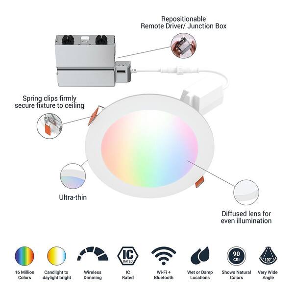 HALO HLB 6 In. Color And Tunable White Slim Canless Smart Wi-Fi LED Recessed Downlight With WiZ Pro