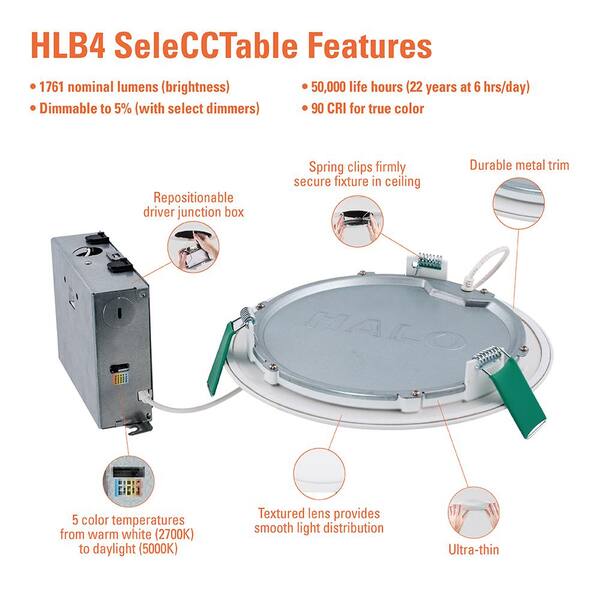 HALO HLB 8 In. Adjustable CCT Canless IC Rated Dimmable Indoor Outdoor Integrated LED Recessed Light Kit
