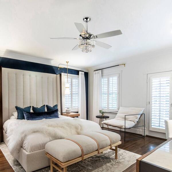 Parrot Uncle Howell 52 In. Indoor Downrod Mount Crystal Chrome Ceiling Fan Chandelier With Light Kit And Remote Control