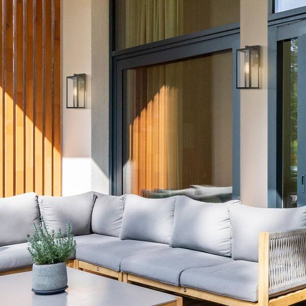 Hampton Bay Hurley 16 In. 1-Light Modern Black Hardwired Outdoor Wall Light Lantern Sconce With Clear Glass Shade