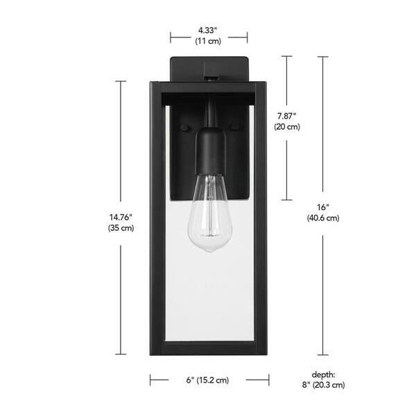 Hampton Bay Hurley 16 In. 1-Light Modern Black Hardwired Outdoor Wall Light Lantern Sconce With Clear Glass Shade