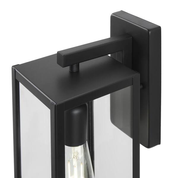 Hampton Bay Hurley 16 In. 1-Light Modern Black Hardwired Outdoor Wall Light Lantern Sconce With Clear Glass Shade