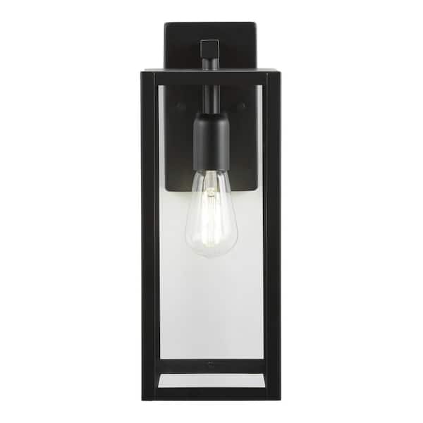 Hampton Bay Hurley 16 in. 1-Light Modern Black Hardwired Outdoor Wall Light Lantern Sconce with Clear Glass Shade