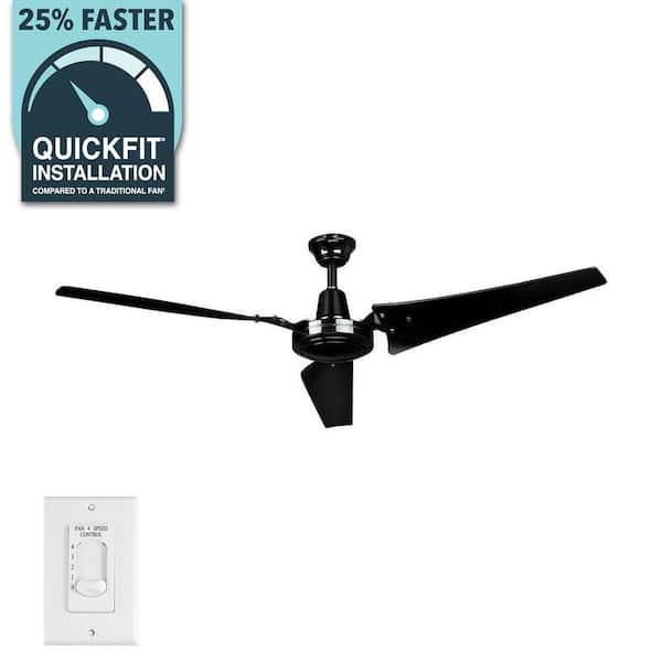 Hampton Bay Industrial 60 in. Indoor/Outdoor Black Ceiling Fan with Wall Control Downrod and Powerful Reversible Motor