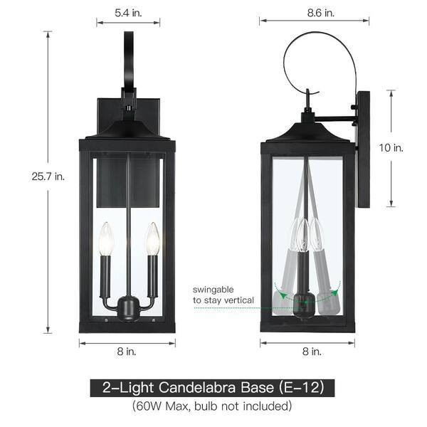 TRUE FINE Jefferson 2-Light 25.7 In. Black Large Outdoor Wall Lantern Sconce Light
