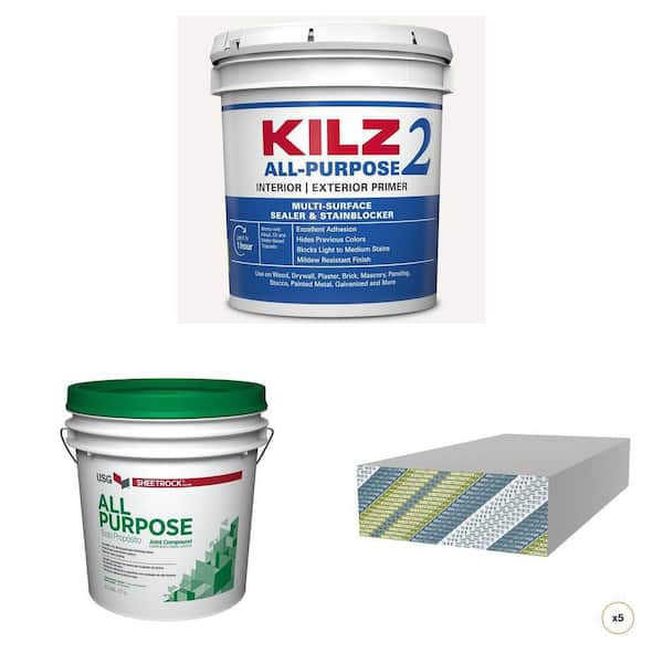 KILZ 2 ALL PURPOSE 2 gal. Primer 4.5 gal. Joint Compound and 1/2 in. x 4 ft. x 8 ft. UltraLight Drywall (5-Count) Combo
