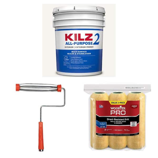 KILZ 2 ALL PURPOSE 5 gal. Primer 9 in. Roller Frame and 9 in. x 1/2 in. Roller Cover (3-Pack) Combo
