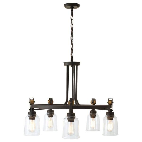 Home Decorators Collection Knollwood 30 In. 5-Light Black Bronze With Brass Accents Industrial Round Chandelier For Kitchens