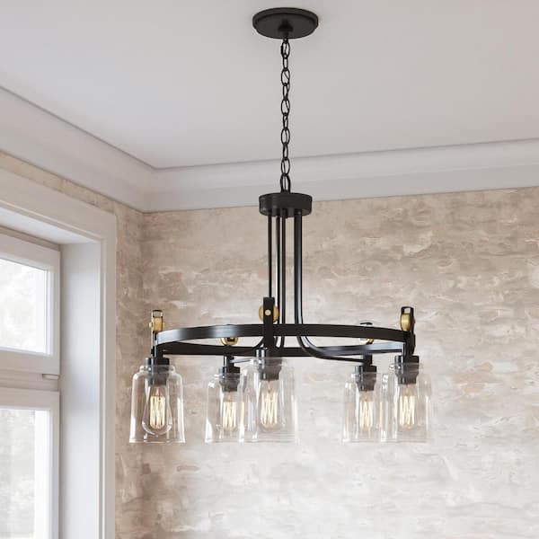 Home Decorators Collection Knollwood 30 in. 5-Light Black Bronze with Brass Accents Industrial Round Chandelier for Kitchens