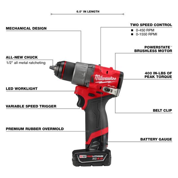 Milwaukee M12 FUEL 12-Volt Lithium-Ion Brushless Cordless Hammer Drill And Impact Driver Combo Kit W/4 Batteries And Bag (2-Tool)