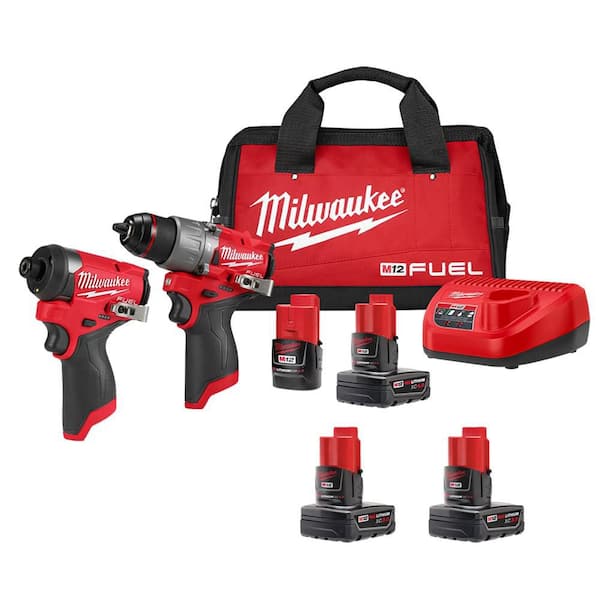 Milwaukee M12 FUEL 12-Volt Lithium-Ion Brushless Cordless Hammer Drill and Impact Driver Combo Kit w/4 Batteries and Bag (2-Tool)