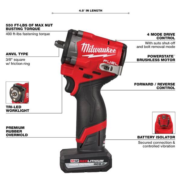 Milwaukee M12 FUEL 12V Lithium-Ion Brushless Cordless Stubby 3/8 In. Impact Wrench (Tool-Only)