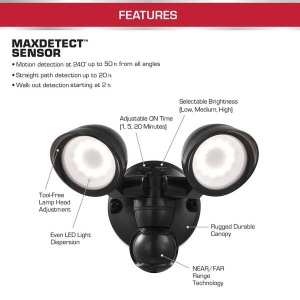 Defiant MaxDetect 240° Black Motion Sensing Wired Outdoor 2-Head LED Security Flood Light 1400 Lumens