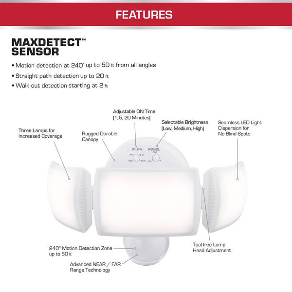 Defiant MaxDetect 240° White Motion Sensor Wired Outdoor 3-Head LED Security Flood Light 3000 Lumens