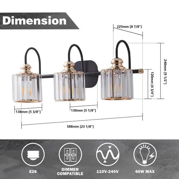 ExBrite Merrin 23.1 In. 3-Light Black Golden Bathroom Vanity Light With Crystal Shades