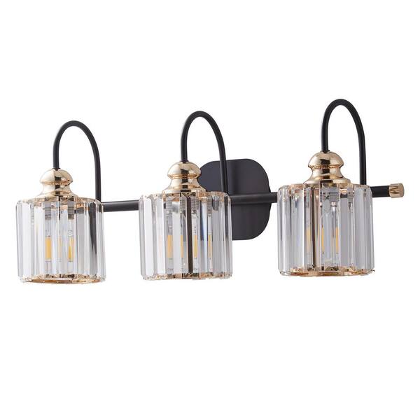ExBrite Merrin 23.1 In. 3-Light Black Golden Bathroom Vanity Light With Crystal Shades