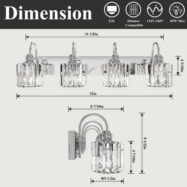 ExBrite Merrin 32 In. 4-Lights Crystal Chrome Bathroom Vanity Light With Shade
