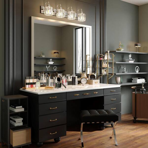 ExBrite Merrin 32 In. 4-Lights Crystal Chrome Bathroom Vanity Light With Shade