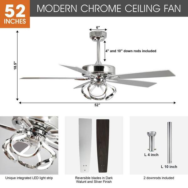 Parrot Uncle Modern 52 In. Indoor Color Changing Integrated LED Chrome Ceiling Fan With Light And Remote Control