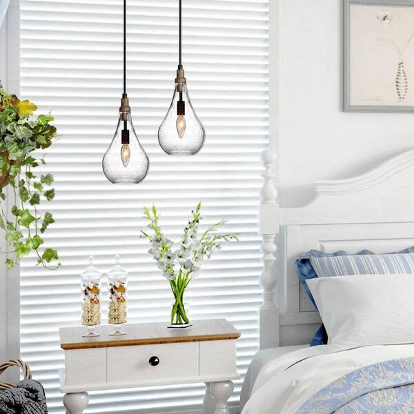 Uolfin Modern Farmhouse Teardrop Kitchen Island Pendant Lighting Maya 1-Light Black Wood Pendant Light With Seeded Glass Shade