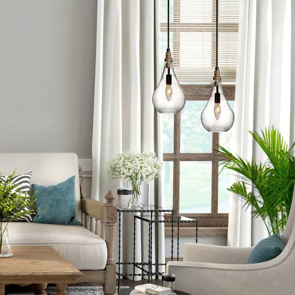 Uolfin Modern Farmhouse Teardrop Kitchen Island Pendant Lighting Maya 1-Light Black Wood Pendant Light With Seeded Glass Shade