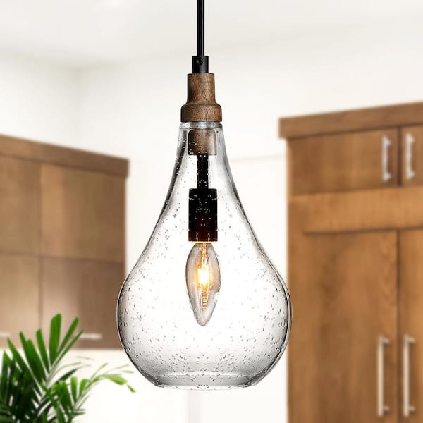 Uolfin Modern Farmhouse Teardrop Kitchen Island Pendant Lighting Maya 1-Light Black Wood Pendant Light with Seeded Glass Shade
