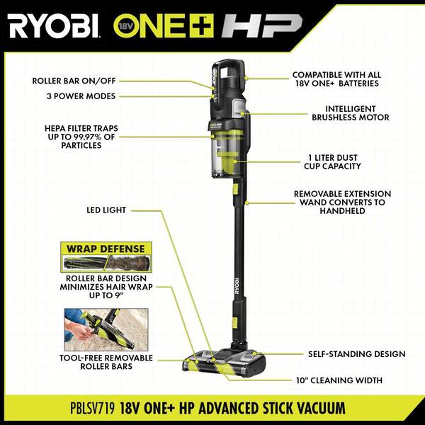 RYOBI ONE+ HP 18V Cordless Advanced WHISPER Series Stick Vacuum Kit With 4.0 Ah Battery And Charger