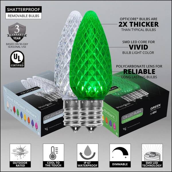 OptiCore 49 Ft. 50-Light LED Green And Cool White Faceted C9 String Light Set
