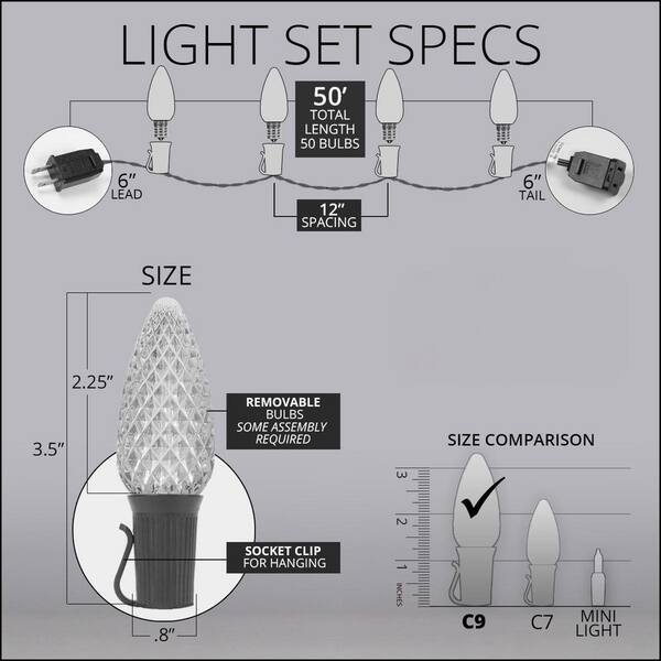 OptiCore 49 Ft. 50-Light LED Green And Cool White Faceted C9 String Light Set
