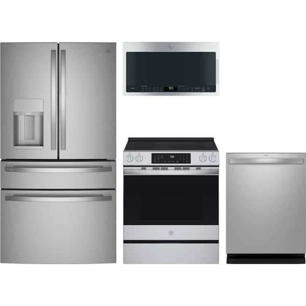 GE Profile 22.3 cu. ft. Counter Depth Refrigerator with 4 Burner Induction Range and Dishwasher with Custom Wash Cycles
