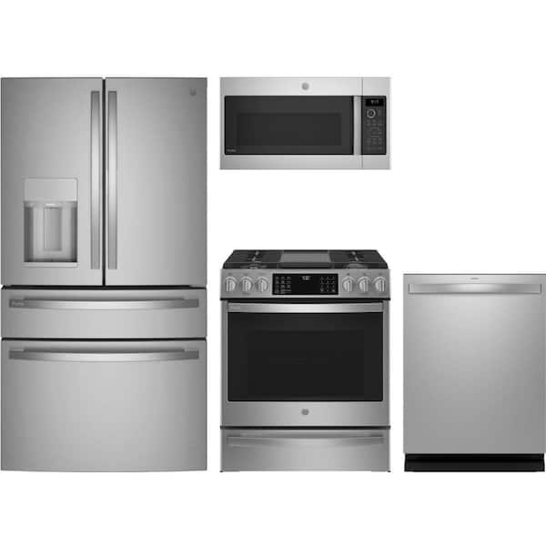 GE Profile 27.9 cu. ft. Standard Depth Refrigerator with Smart Slide-In Gas Range and Dishwasher with Smart Assist AI