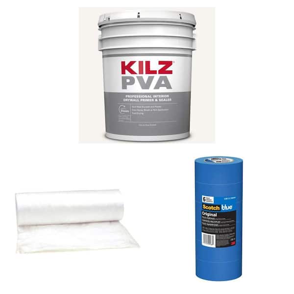 PVA 5 Gal. White Drywall Primer 12 ft. x 400 ft. Plastic Sheeting and 1.88 in. x 60 yds. Painter's Tape (6-Pack)