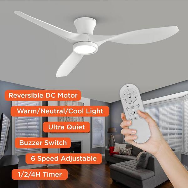 QRMOK R3 52 In. Indoor Ceiling Fan With Light And Remote Flush Mount Low Profile Quiet Reversible DC Motor 3 CCT Light White