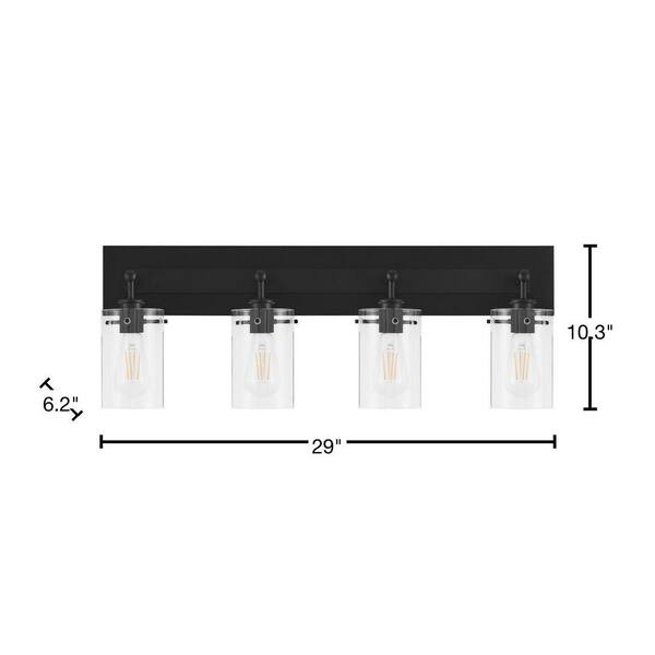 Hampton Bay Regan 29.25 In. 4-Light Matte Black Bathroom Vanity Light With Clear Glass Shades