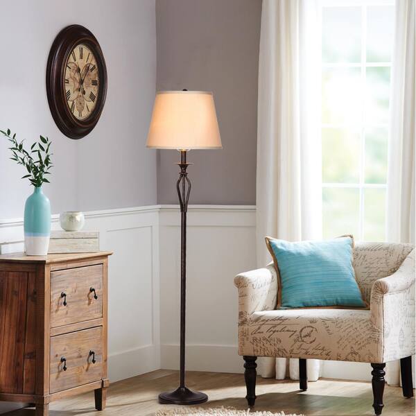 Hampton Bay Rhodes 58.50 In. Bronze Floor Lamp With Natural Linen Shade