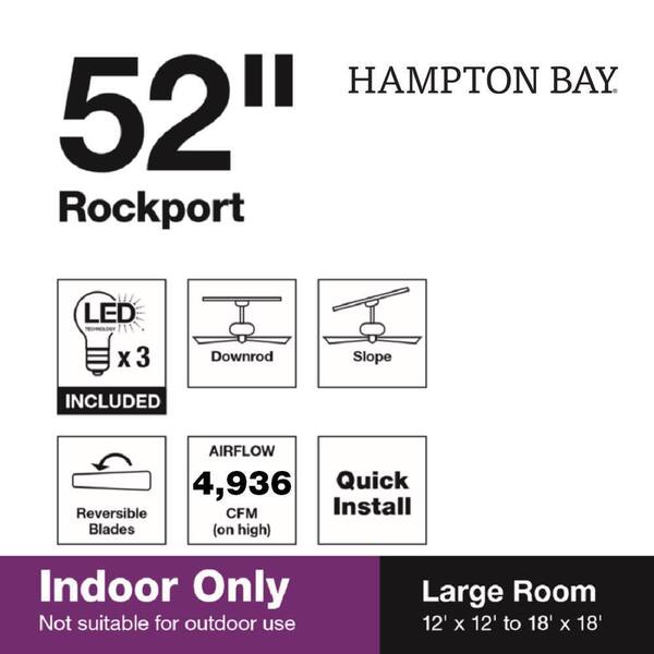 Hampton Bay Rockport 52 In. Indoor LED Brushed Nickel Ceiling Fan With Light Kit Downrod Reversible Blades And Reversible Motor