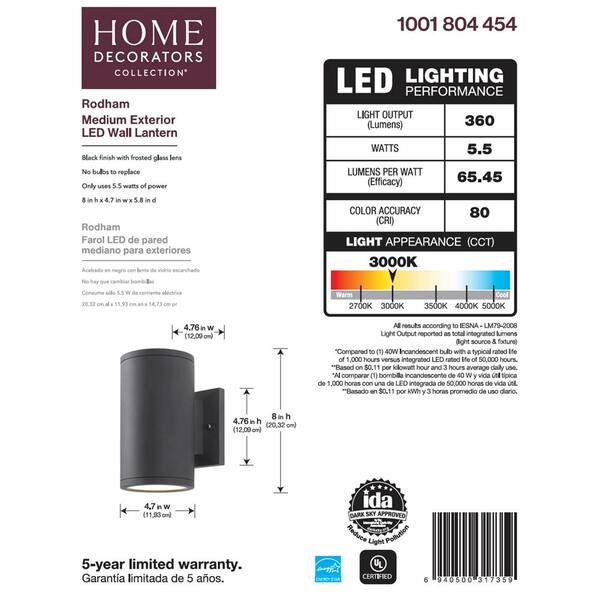 Home Decorators Collection Rodham 8 In. Black Integrated LED Hardwired Outdoor Wall Light Lantern Porch Sconce