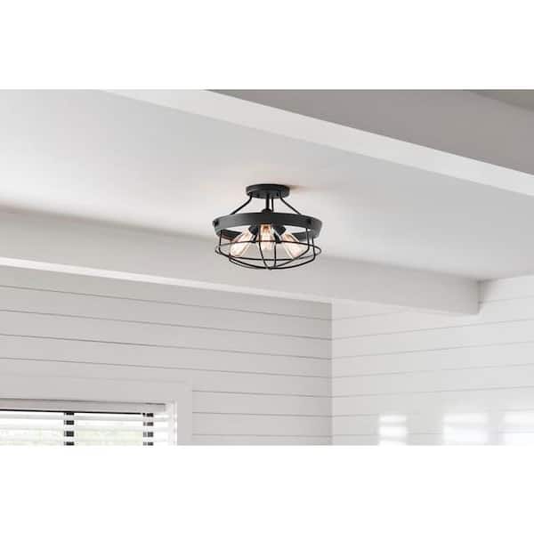 Hampton Bay Southbourne 15.5 in. 3-Light Matte Black Rustic Farmhouse Semi-Flush Mount Light