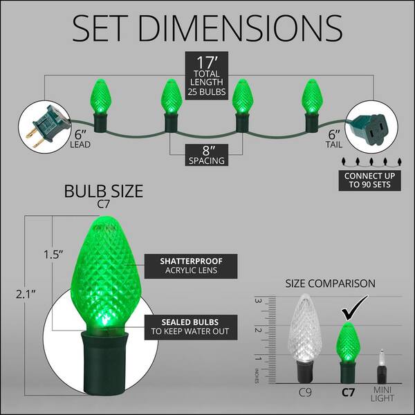Wintergreen Lighting SuperBright 16 Ft. 25-Light LED Green C7 String Light Set
