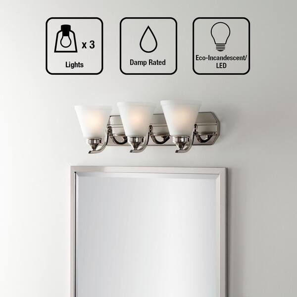 Hampton Bay Tavish 24 In. 3-Light Brushed Nickel Classic Vanity With Frosted Glass Shade