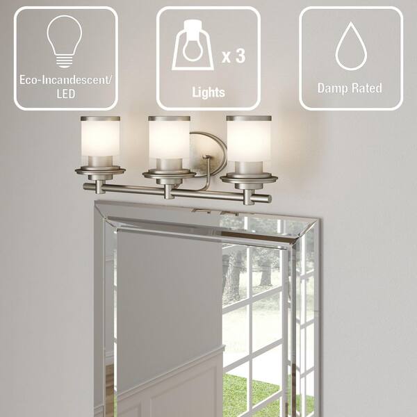 Hampton Bay Truitt 23.25 In. 3-Light Brushed Nickel Vanity Light With Frosted And Clear Edge Glass Shades