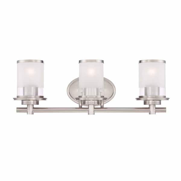 Hampton Bay Truitt 23.25 in. 3-Light Brushed Nickel Vanity Light with Frosted and Clear Edge Glass Shades