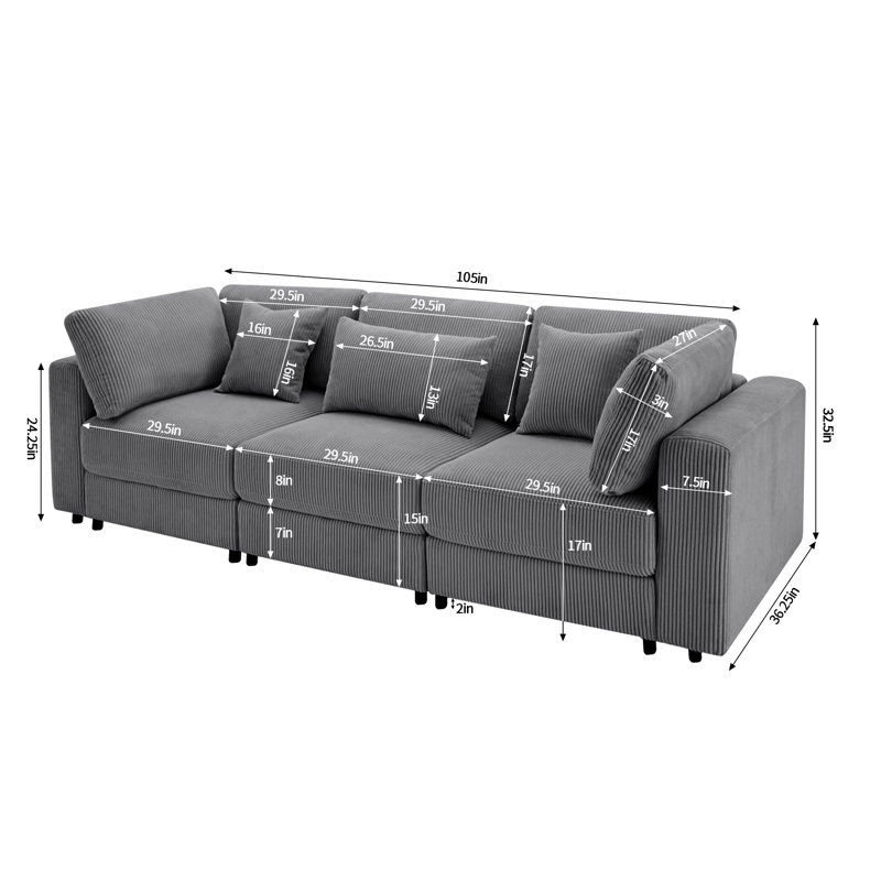 Wayfair 105" Corduroy 3-Seater Sofa with Lumbar Pillow & Toss Pillows