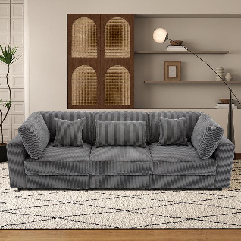 Wayfair 105" Corduroy 3-Seater Sofa with Lumbar Pillow & Toss Pillows